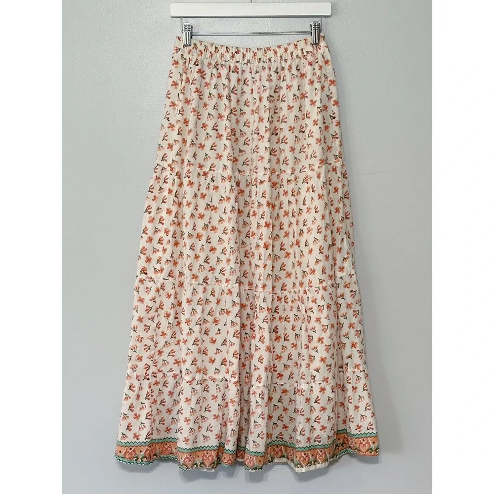 Hampton House A-Line Tiered Floral Cotton‎ Maxi Skirt Size x-small Boho Cottage
